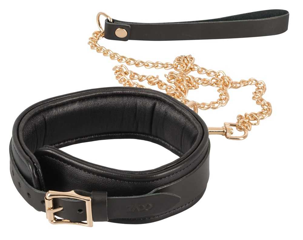 Halsfessel plus Leine aus Leder mit Gold-Details 1 Halsfessel plus Leine aus Leder mit Gold-Details