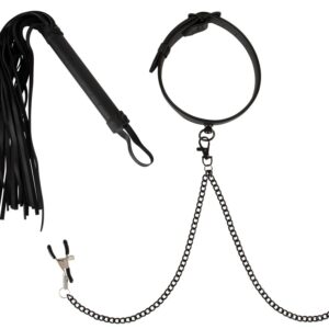 3-teiliges BDSM Set mit Halsfessel, Nippelklemmen und Peitsche Vegan Fetish Schw...-4024144113477