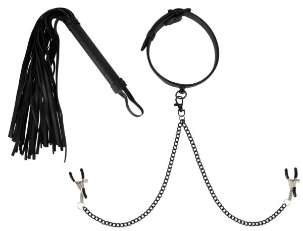 3-teiliges BDSM Set mit Halsfessel, Nippelklemmen und Peitsche Vegan Fetish Schw...-4024144113477