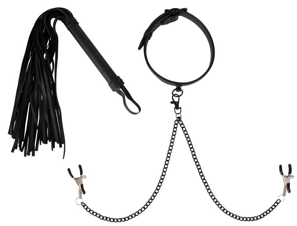 3 teiliges bdsm set mit halsfessel nippelklemmen und peitsche vegan fetish schwarz