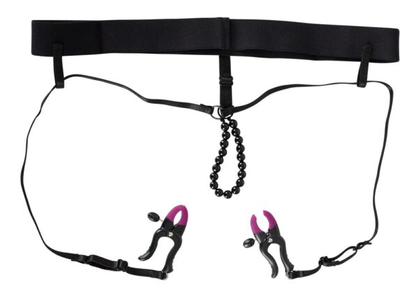 Clit Spreader-String with Silicon Clamps mit Schamlippenklammern Schwarz-4024144535583