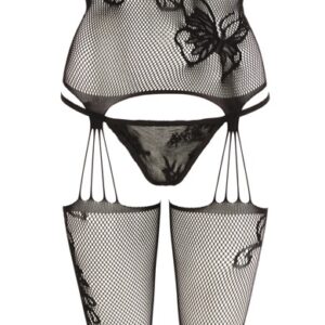Netz-Strapshemd mit Strümpfen + String Schwarz-4024144397945