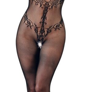 Catsuit ouvert, aus Netz, mit eingewebten Ornamenten in Spitzenoptik Schwarz-4024144245765